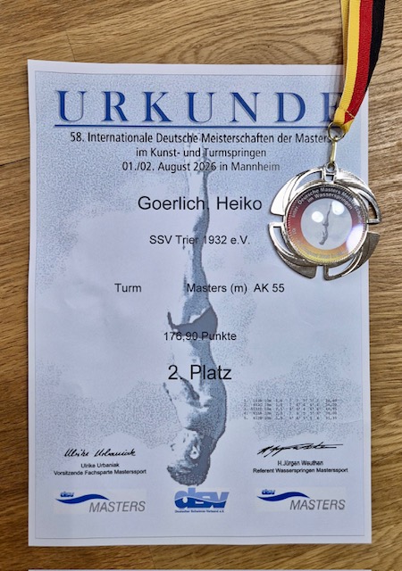 Urkunde und Silbermedaille von Heiko Goerlich bei den Deutschen Masters im Wasserspringen 2026